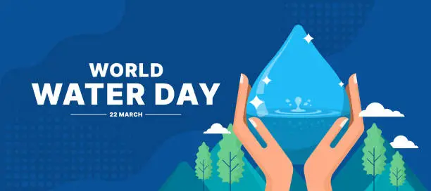 Vector illustration of world water day - Hands hold blue drop water with drop water fall splash and mountain trees around on blue background vector design