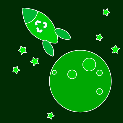 Ecology rocket vector illustration. Clean earth orbit Space debris. Recycling sign. Caring for nature space environment. Waste recycling reduse. Sustainable using. Waste sorting. Green thinking.