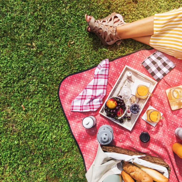 istock overhead view woman s leg breakfast picnic green grass 1464377734