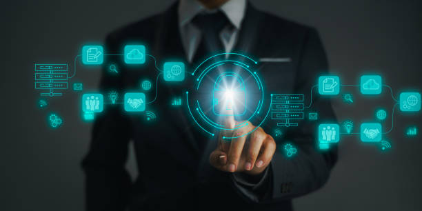 istock Business and Technology concept. Businessman finger touching on digital virtual blue icon to connecting big data on cloud. 1464378070