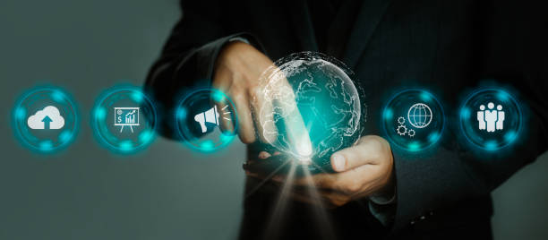 istock Businessman holding smartphone touching screen with digital icon and data. Future and Technology concept. 1464378075