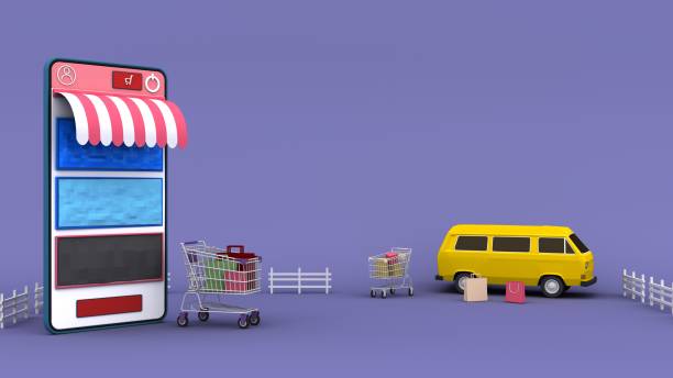 istock online mobile shopping store with van delivery. 3d rendering 1464378429