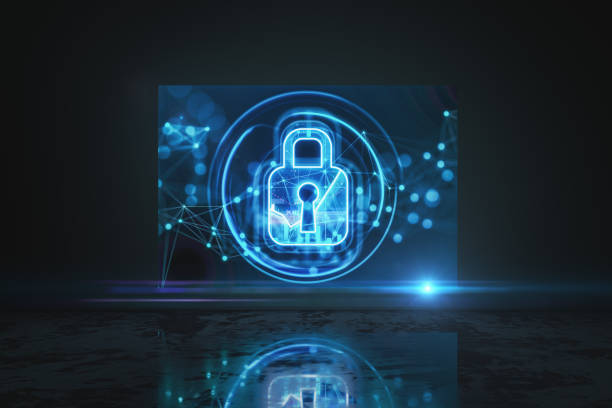 istock Cyber security and data protection concept with digital glowing pad lock on virtual screen on abstract hall on dark background. 3D rendering 1464380385