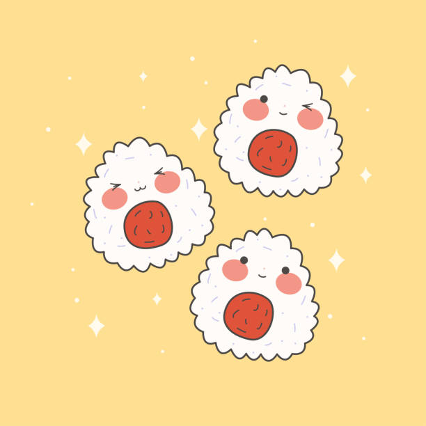 istock Cute onigiri set with smiling face and pink cheeks. Kawaii onigiri. Japanese traditional cuisine dishes. Stock vector illustration. 1464381390
