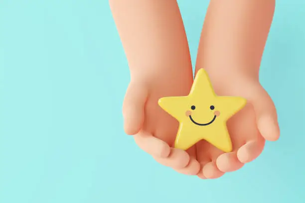 3D Hand holding yellow star happy smile face, good feedback rating, positive review, satisfaction survey, mental health assessment, child wellness, world mental health day, Compliment Day. 3d rendering