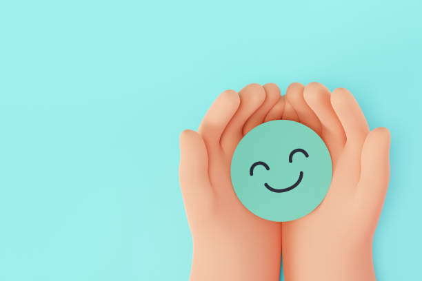 3D Hand holding green happy smile face