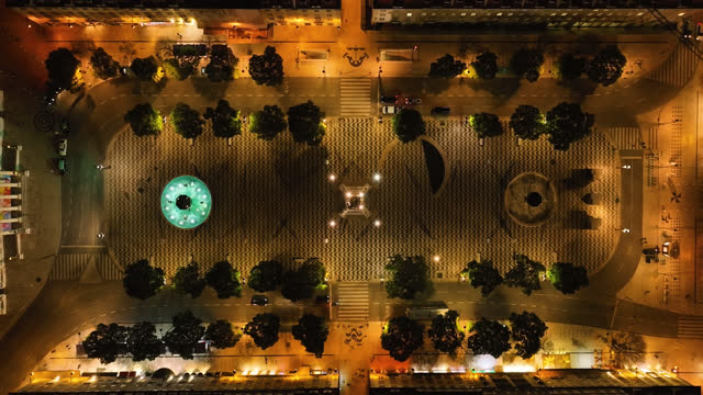 Aerial view of Pedro IV Square or Rossio Square in the city of Lisbon, Portugal, at night