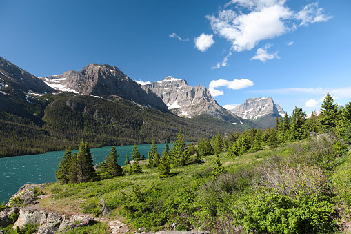 Scenic view of mountain range with lake in Glacier National Park, Montana, USA.