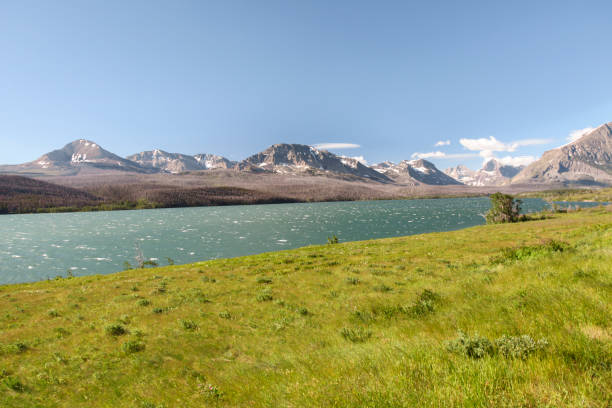 Scenic view of Saint Mary Lake with mountains in Glacier National Park, Montana, USA.