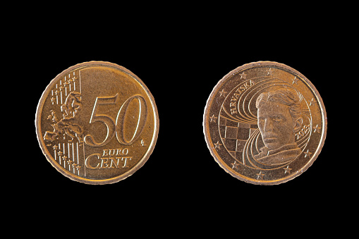 Croatian 2023. 50 euro cent coin obverse and reverse, depicting Nikola Tesla