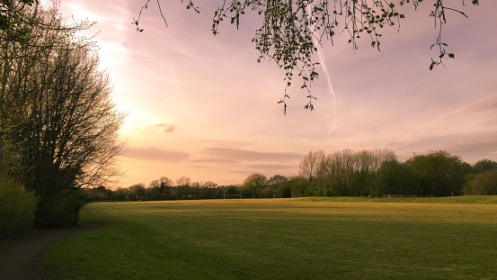 Stunning sunset over a quiet park with trees framing the photo on a serene and beautiful late afternoon getaway