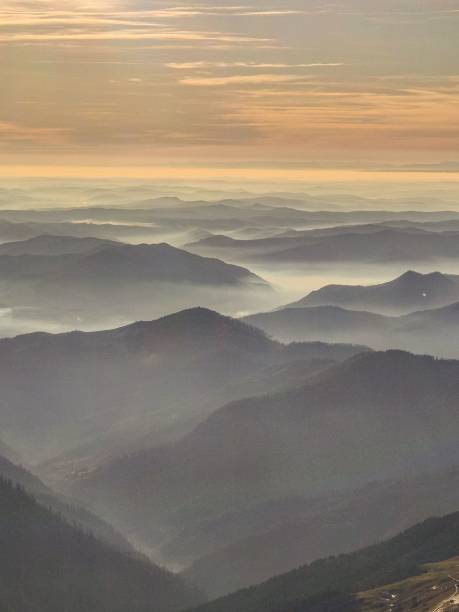istock Aerial view of mountain landscape during sunset 1464393177