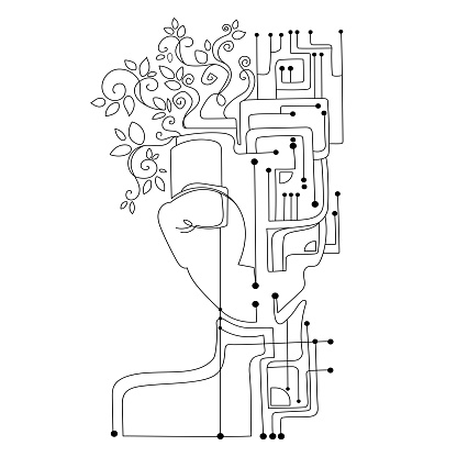Surreal woman face with plants on head and microchips Line art drawing.Abstract art portrait of robot woman Vector .Modern technology and people concept.Line icon,logo,emblem template.Creative tattoo