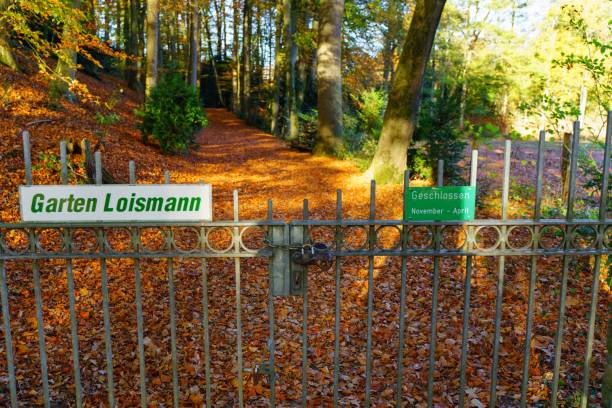 entrance gate to the botanical garden in ibbenburen, germany. - ibbenbüren imagens e fotografias de stock