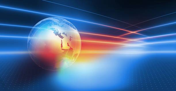 Earth globe inside studio space with transferring lines, digital world connectivity background. The Earth globe inside studio space with transferring lines, digital world connectivity background. breaking news stock pictures, royalty-free photos & images