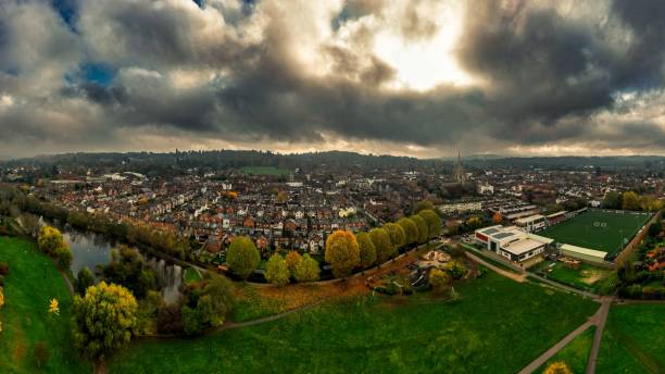 istock Aerial view of a cityscape under a cloudy sky 1464399406