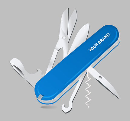 Many task blue army knife on gray background. Swiss, multipurpose knife. Multifunctional tool. Camping item.