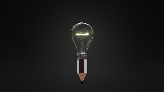 A closeup shot of a bulb which is combined with a pencil from below on a black background