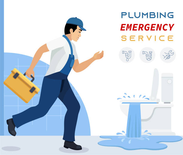 ilustraciones, imágenes clip art, dibujos animados e iconos de stock de servicio de urgencias en fontanería. concepto de banner profesional. - plumber water pipe leaking water