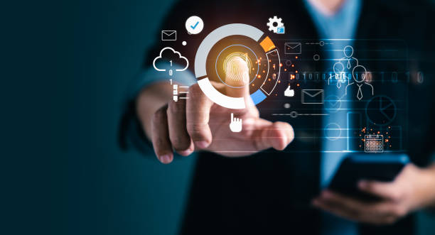 istock Businessman touching on virtual icons of sales strategy and analyzing 1464401920