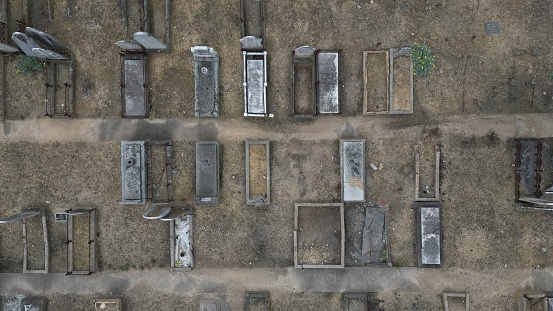 An aerial top view shot of the Melbourne cemetery on a stormy day