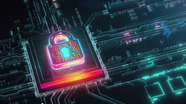 Сyber security concept. Digital shield firewall with central computer processor and futuristic circuit board animation. Perfect loop.