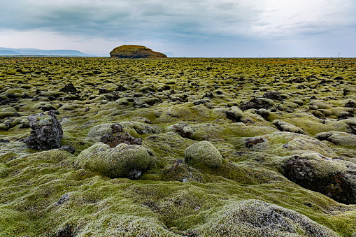 A natural view of moss-covered rocks under a cloudy sky