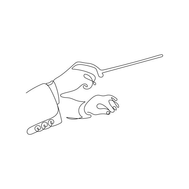Hands with a conductors baton. One line art. Hands with a conductors baton. Conductor directing classic instrumental symphony orchestra. Classical music leader in continuous one line drawing style. Hand drawn vector illustration. musical conductor stock illustrations
