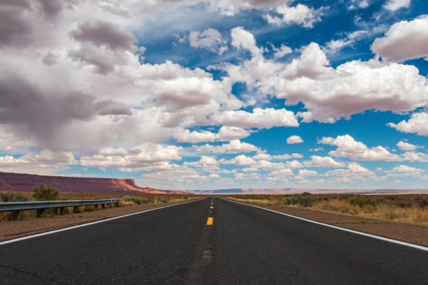 istock Highway through the deserts under the cloudy sky 1464412776