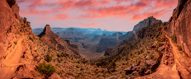 a panoramic of the beautiful descent of the South Kaibab Trailhead in Grand Canyon, Arizona