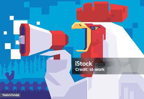 istock rooster holding loudspeaker and crowing 1464414466