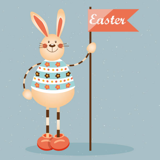 ilustrações de stock, clip art, desenhos animados e ícones de anthropomorphic rabbit with a flag on an isolated colored background. creative illustration in flat style. - color image colored background easter animal body part