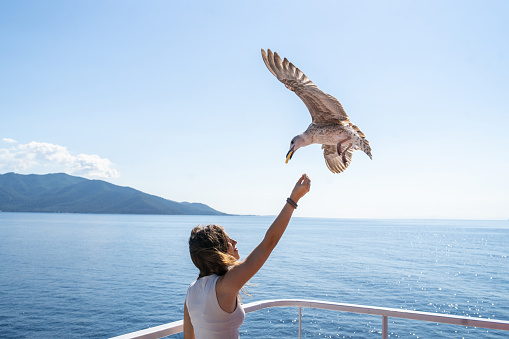 Young woman traveling on ferryboat and feeding seagulls