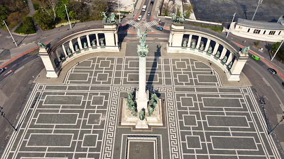 An aerial view of the hero square located in Budapest on a sunny day