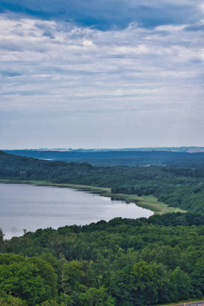 istock Vertical shot of a lake surrounded by dense green forests under a cloudy sky 1464418481