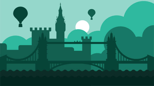 London city landscape with castle and river vector. Great britain capital town antique building, bridge tower and thames. Touristic historic green scenery monument location flat cartoon illustration
