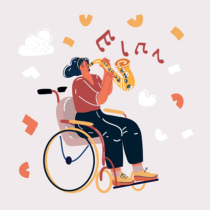 Cartoon vector illustration of woman in wheelchair is playing on sax music