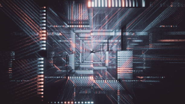 istock 3D rendering of distorted square hallway with colorful neon lights 1464424505