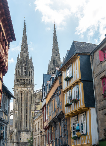 A vertical shot of the Saint Corentin cathedral in Quimper, Finisterre, Brittany, France