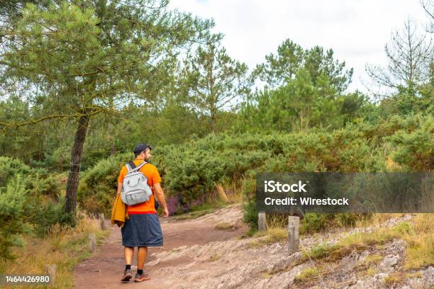 Young Male Hiker Trekking On Lake Paimpont In The Broceliande Forest Near Rennes France Stock Photo - Download Image Now