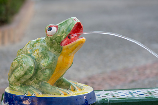A glazed ceramic frog in a fountain, Plaza de Santa Maria, Tarifa, Andalusia, Spain