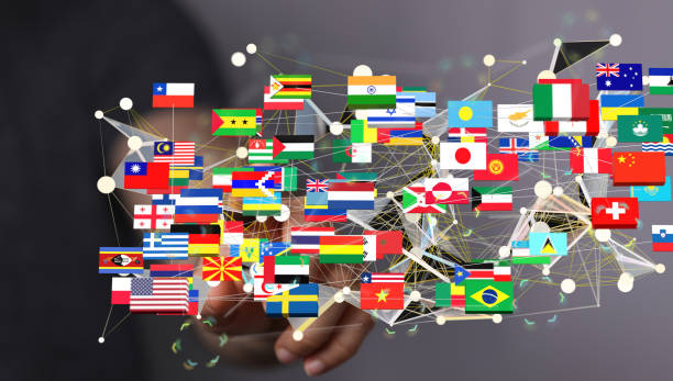 istock Person presenting the virtual projection of different flags - global communication concept 1464427989