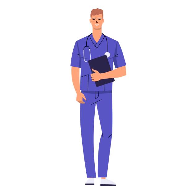 pielęgniarka stoi ze stetoskopem i trzyma schowek. młody lekarz nosi peelingi. płaski wektor izolowany na białym tle. - male nurse nurse scrubs white background stock illustrations