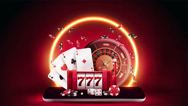 Vector illustration of Online casino, red banner with slot machine, Casino Roulette, poker chips and playing cards on smartphone in red scene with orange neon ring on background.