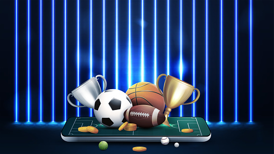 Champion cups and sport balls on smartphone in dark scene with wall of line vertical blue neon lamps on background.