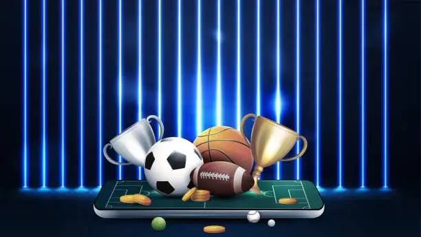 Vector illustration of Champion cups and sport balls on smartphone in dark scene with wall of line vertical blue neon lamps on background.