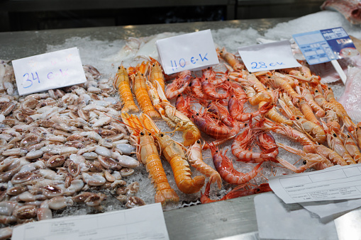 Market Stall with Freshly Caught Fish and Shellfish.