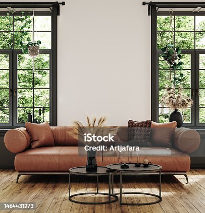 istock Modern industrial living room interior, wall mockup 1464431273