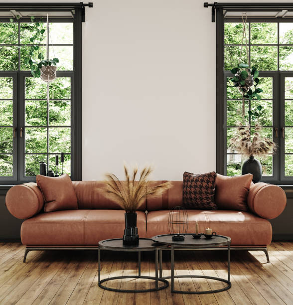 Modern industrial living room interior, wall mockup stock photo