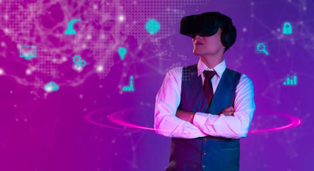 istock Metaverse technology. Businessman wearing virtual reality vr goggles headset watching, blue icon online interface world digital data purple and violet color background. 1464432398
